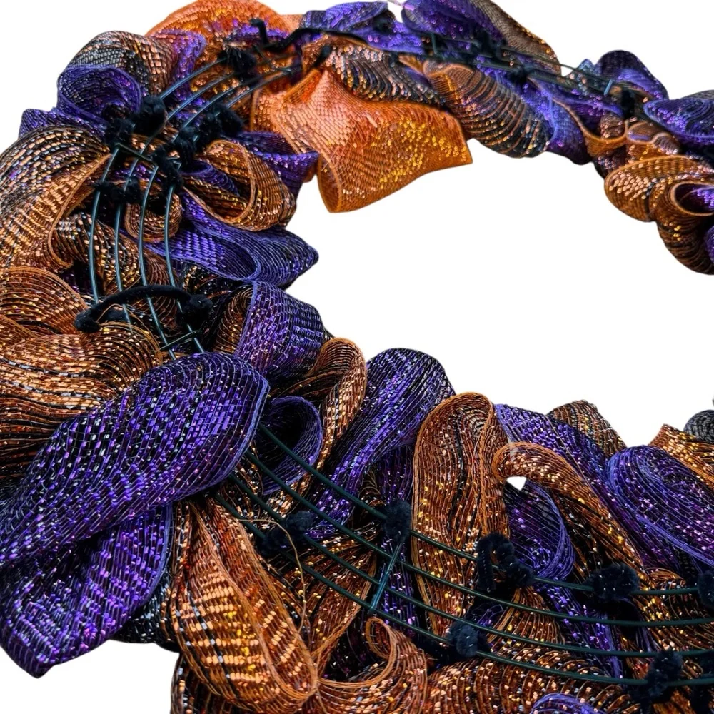 Vibrant Purple & Orange Halloween Deco Mesh Wreath with Ghost & Pumpkins – 25″